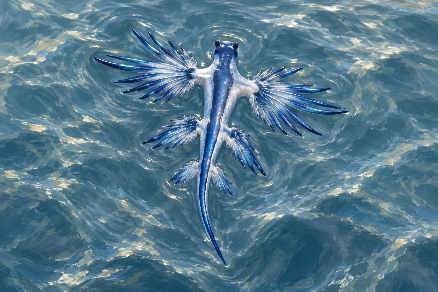 Glaucus atlanticus: het kleine draakje aan het zeeoppervlak